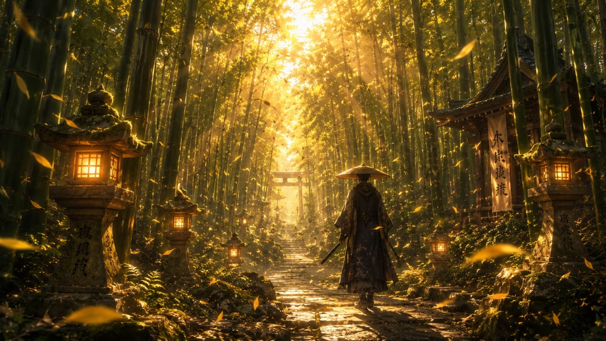Traveler in Golden Bamboo Forest