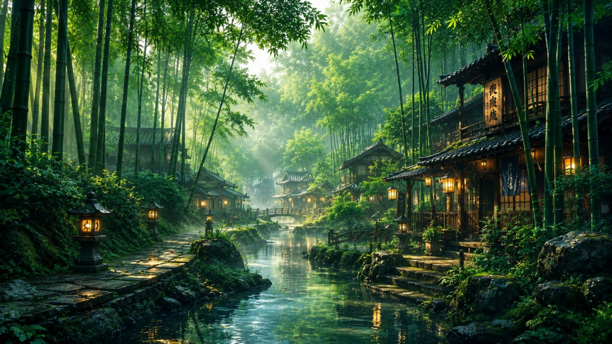 Bamboo River Village in Morning Light