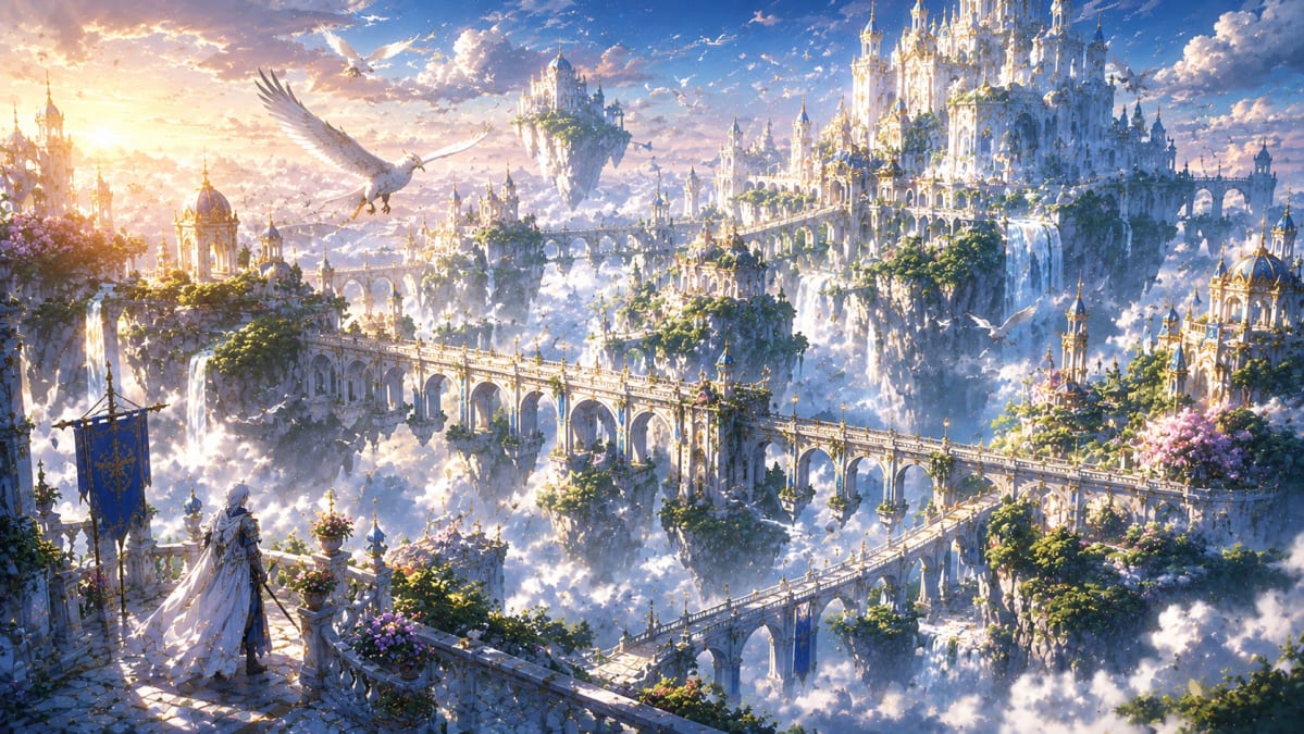 White Sky Palace with Flying Whales