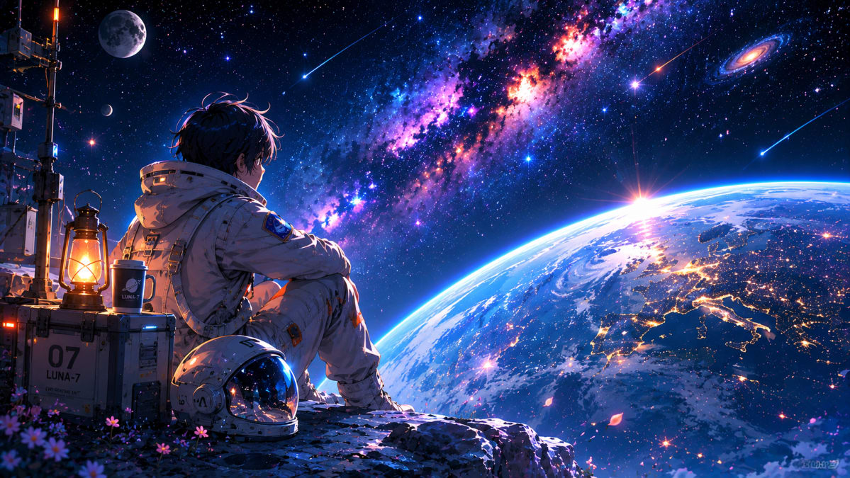 Astronaut Watching Earthrise and Milky Way
