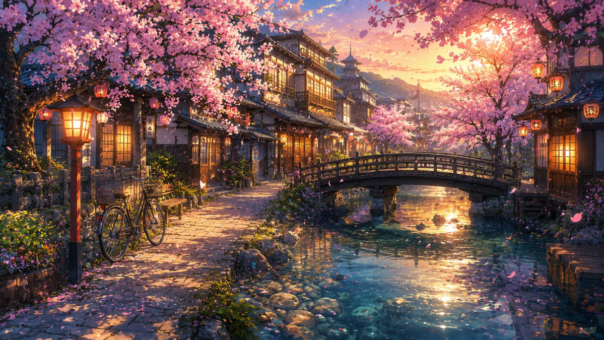 Cherry Blossom Canal Village at Dusk