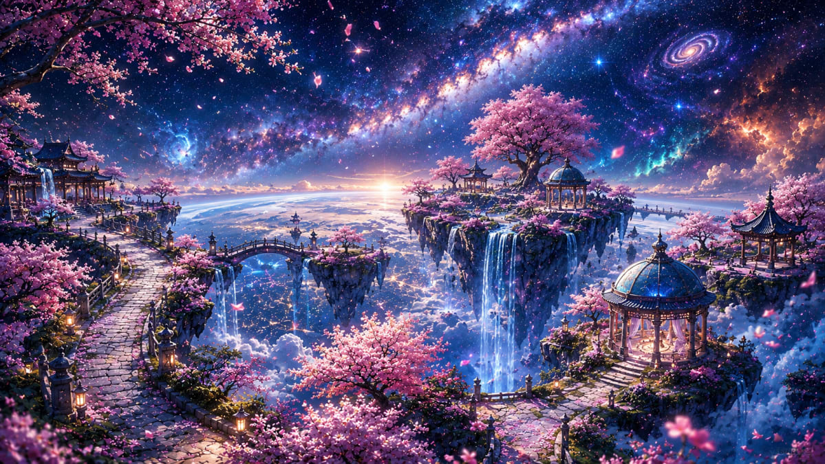 Sakura Galaxy Garden Above Waterfalls