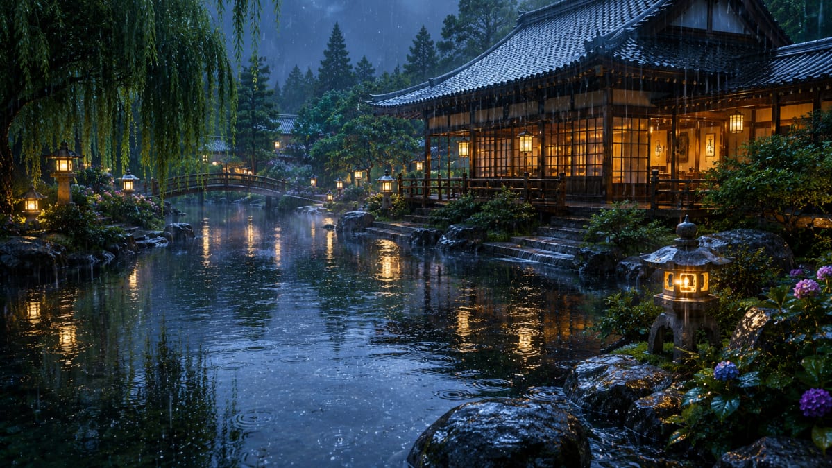 Japanese Teahouse Garden in Rain