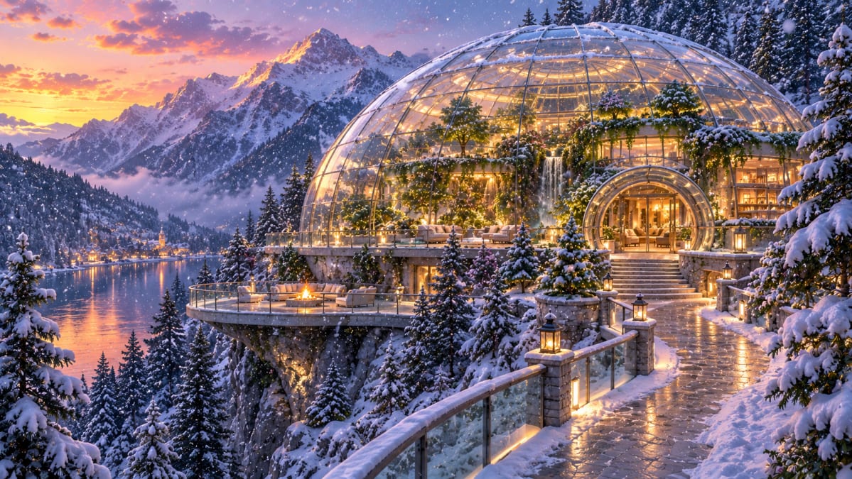 Illuminated Glass Dome on Winter Lake