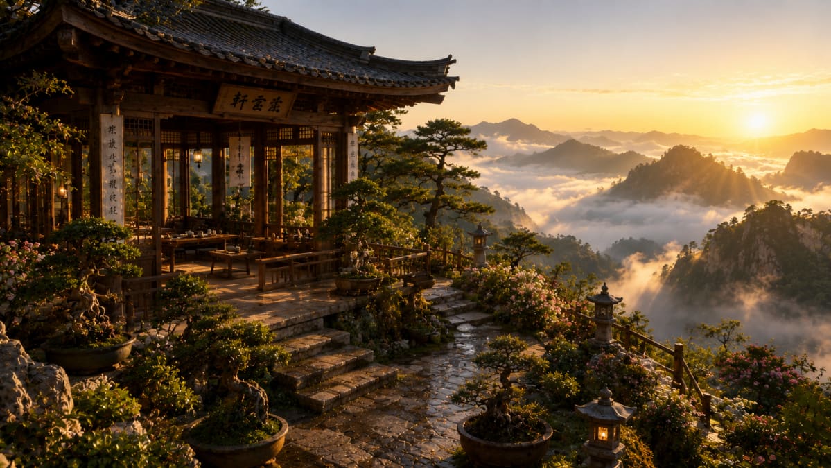 Mountain Temple at Golden Sunrise