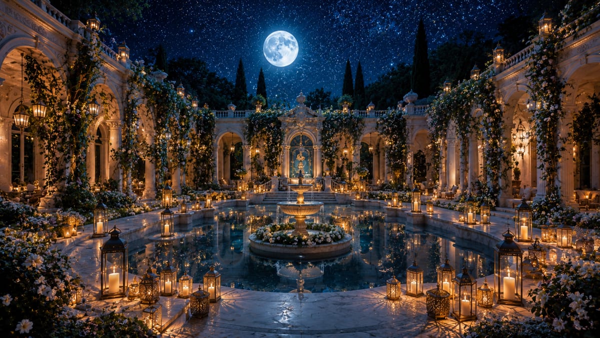 Moonlit Ornate Garden Fountain