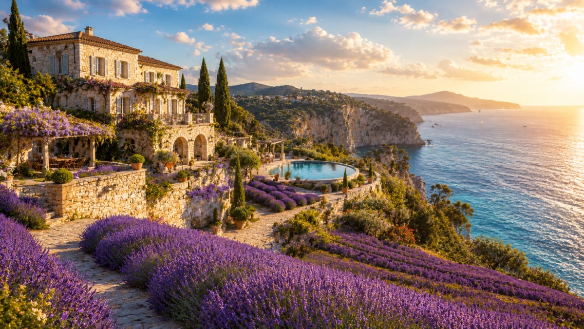 Lavender Villa Above Blue Sea