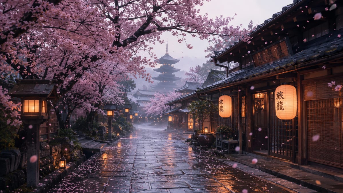 Cherry Blossom Street in Rain