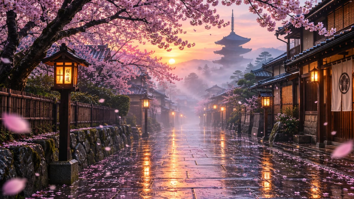 Kyoto Street at Cherry Blossom Sunset