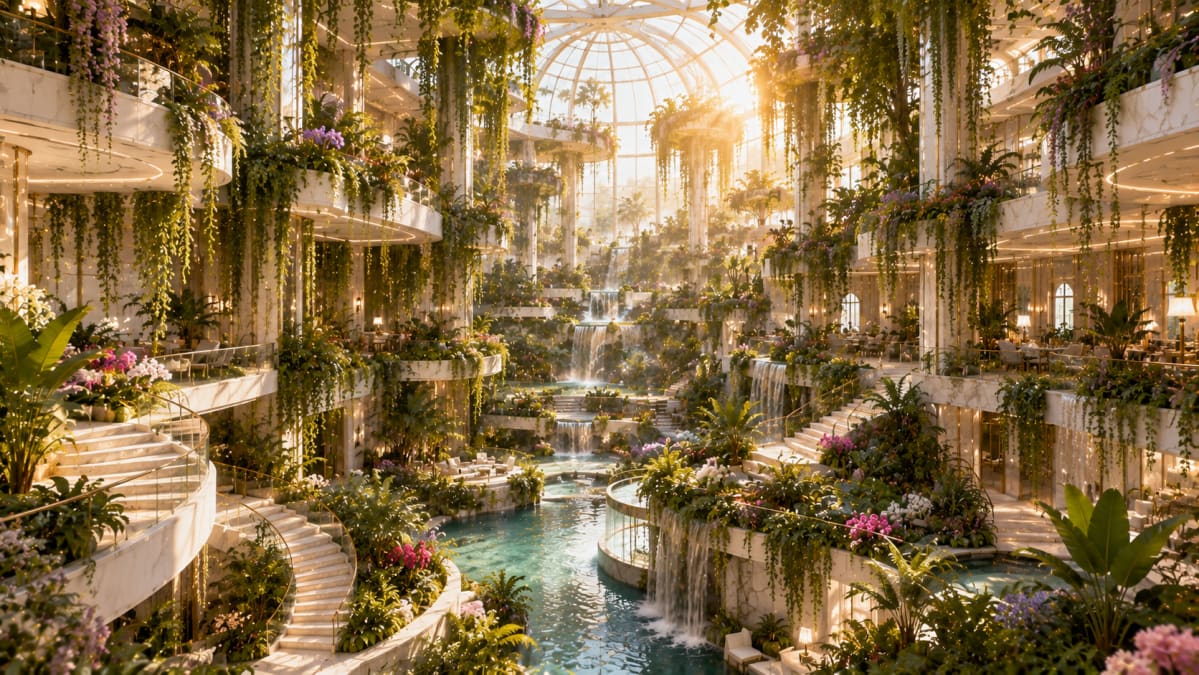 Sunlit Indoor Tropical Water Garden