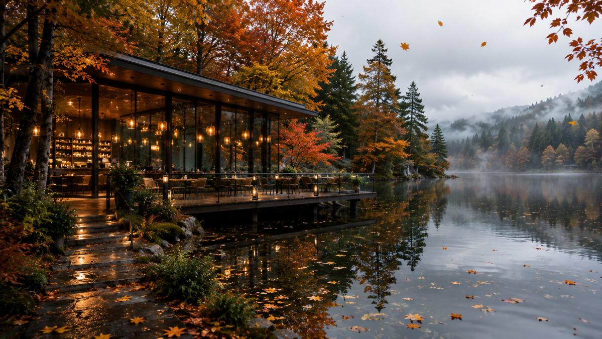 Lakeside Glass Cabin in Autumn Rain
