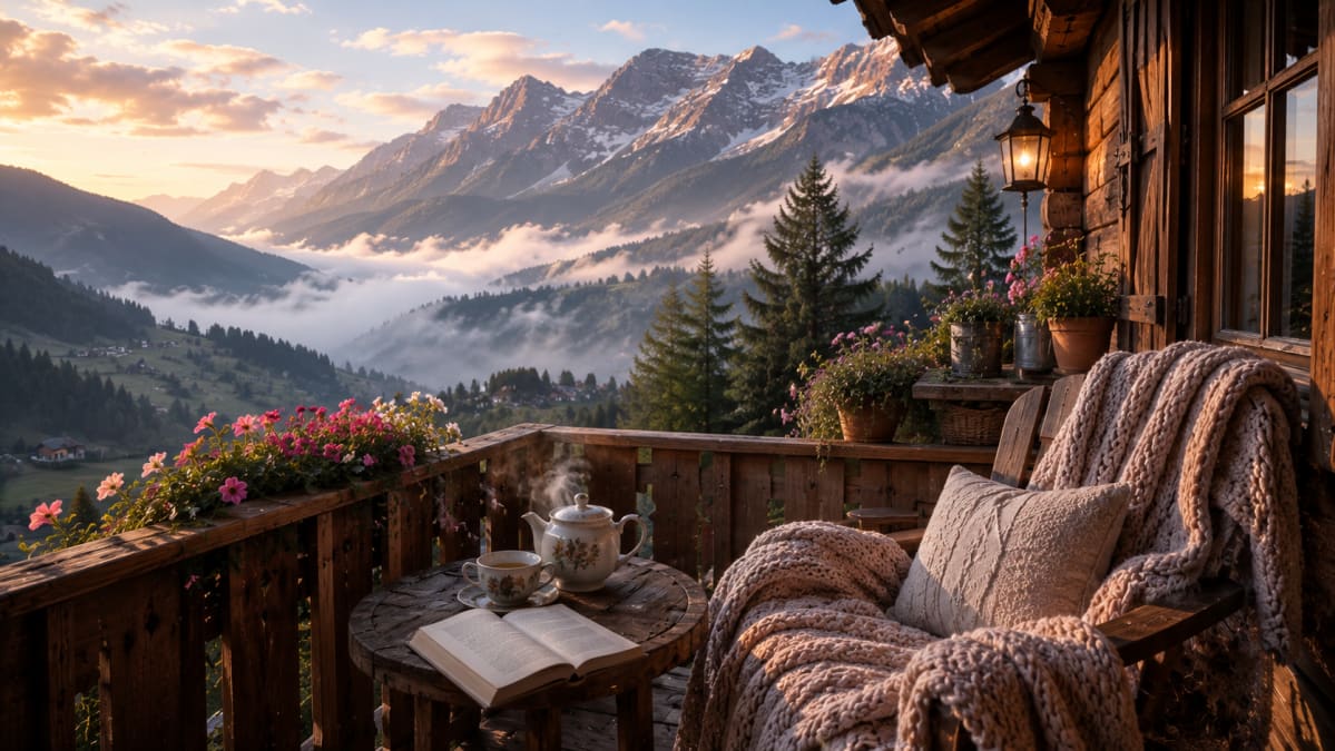Cozy Alpine Balcony at Sunrise