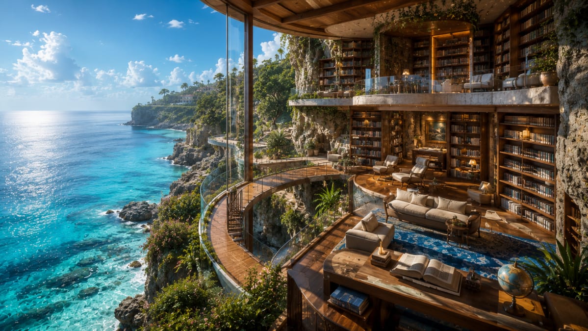Tropical Cliff House Above Turquoise Sea