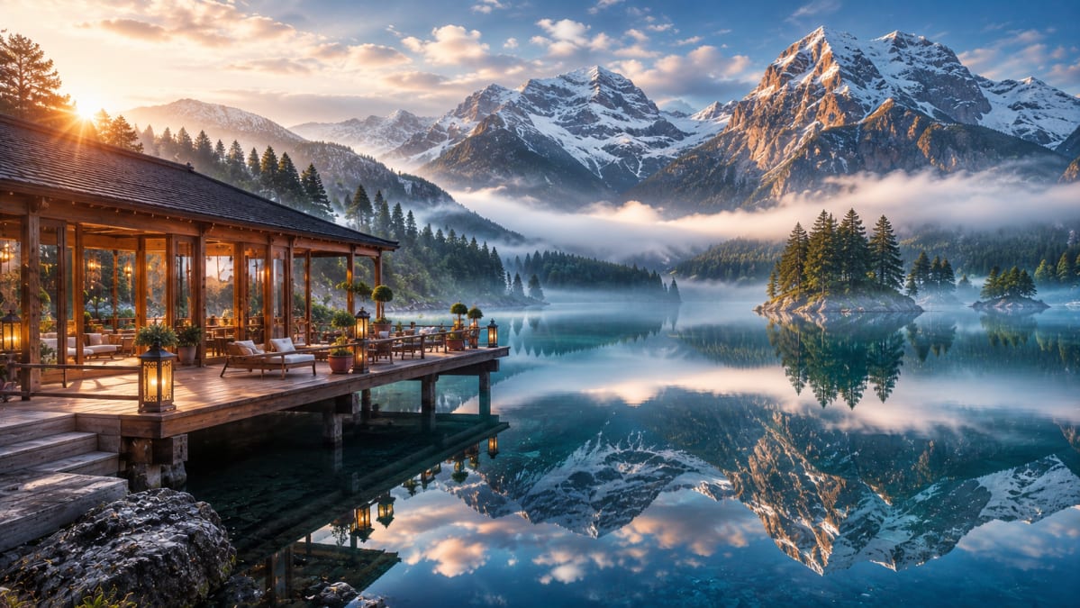 Glass Lakehouse Beneath Alpine Peaks