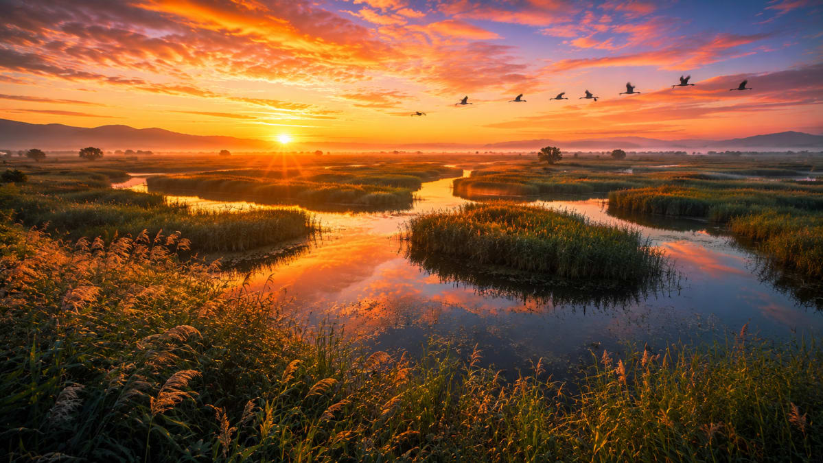 Wetland River at Fiery Sunset