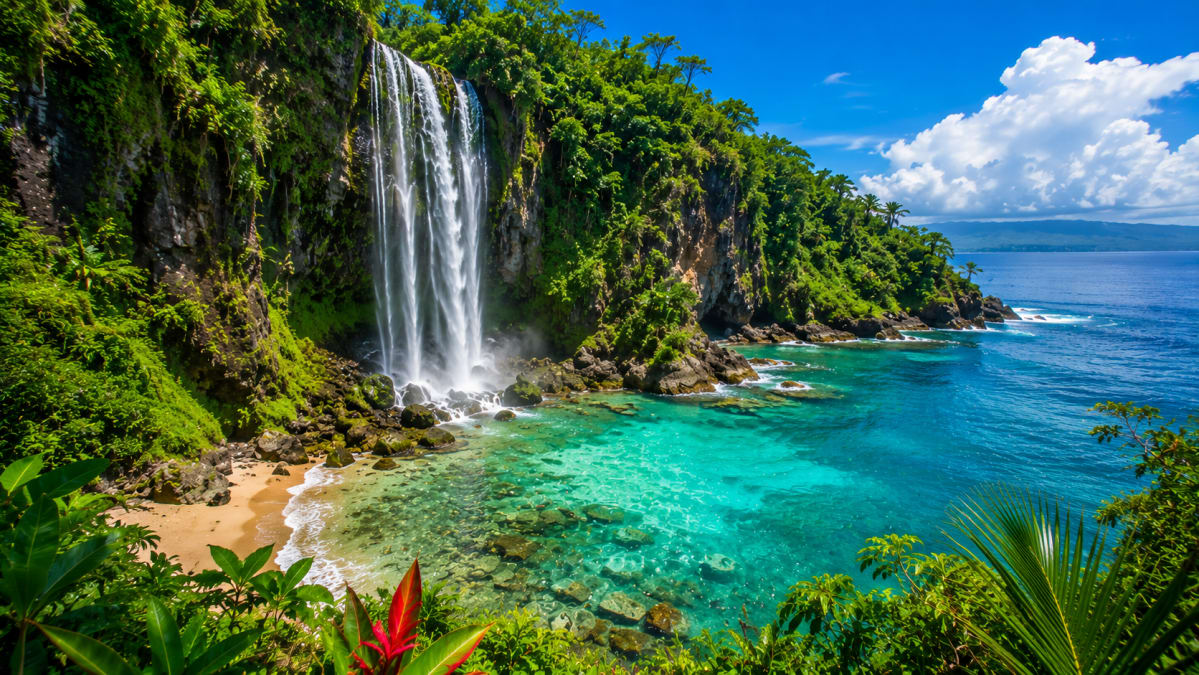 Tropical Waterfall into Blue Sea