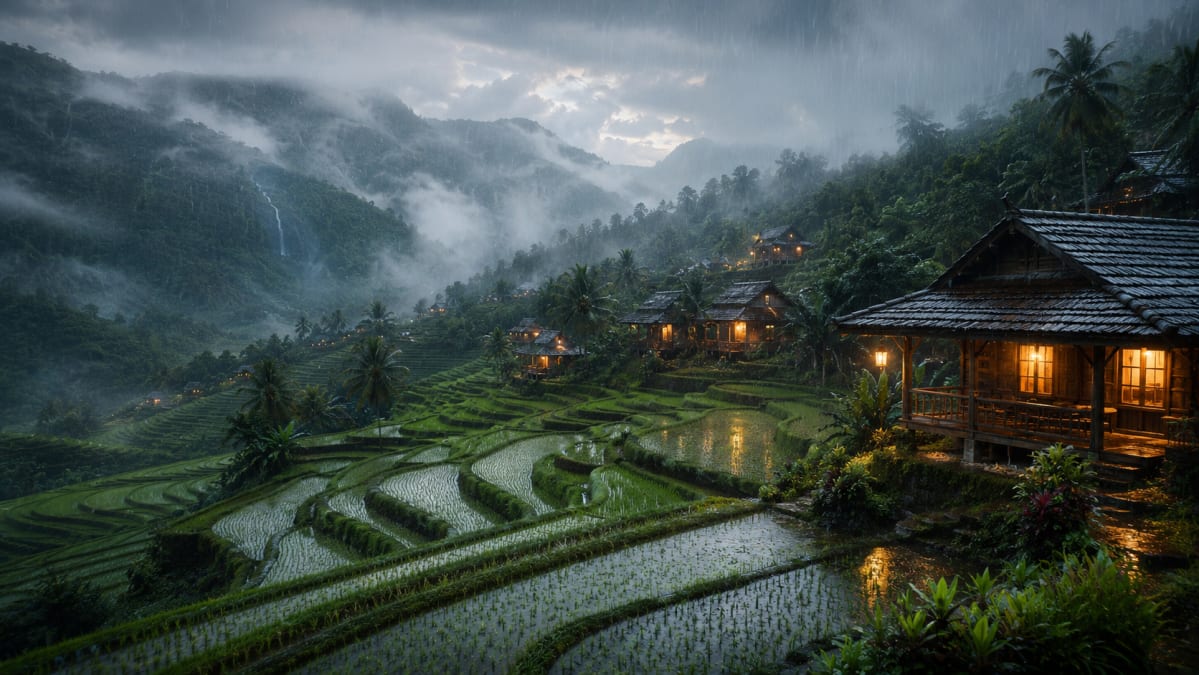 Rainy Rice Terraces Mountain Village