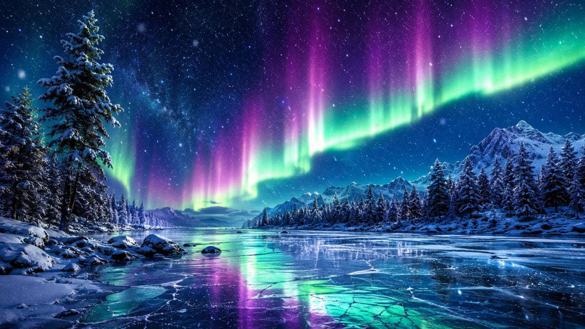 Northern Lights Over Frozen Pine Lake