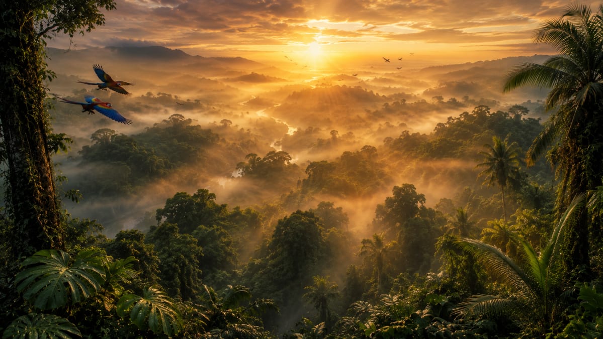 Misty Rainforest Canopy at Golden Hour