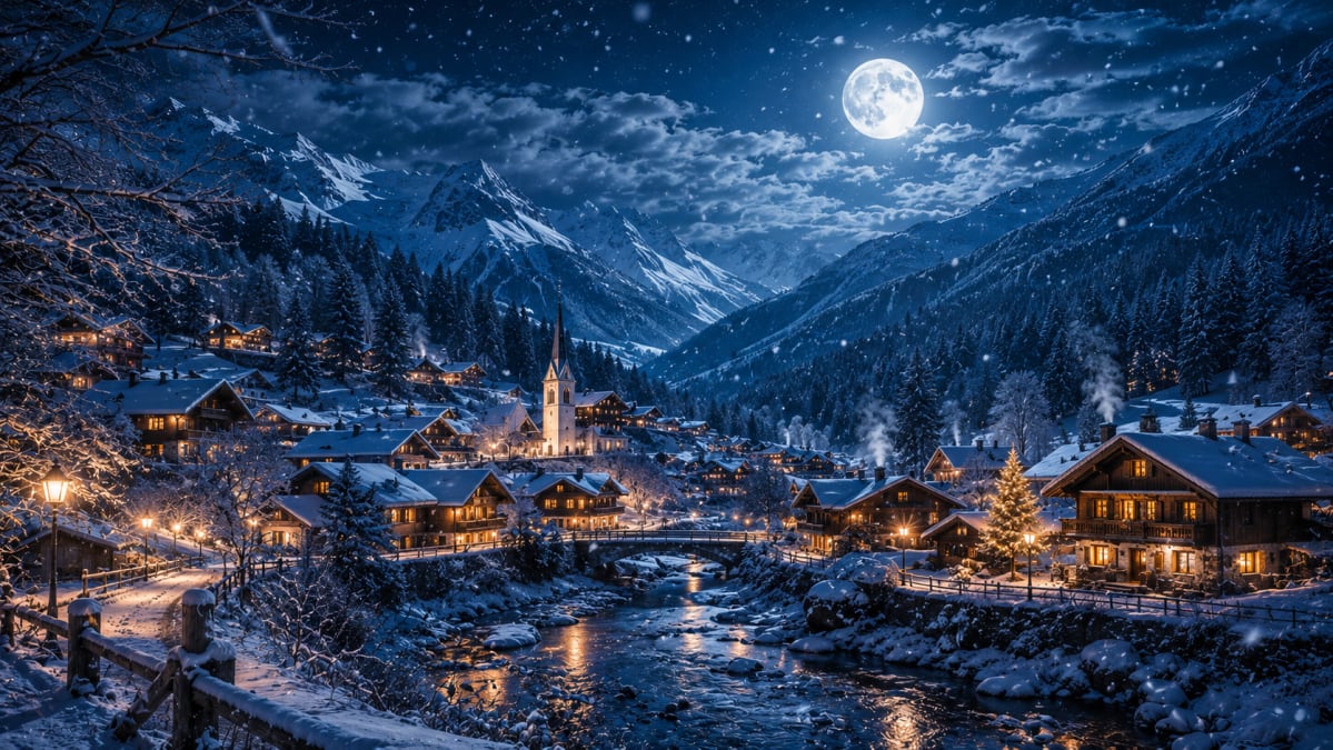Moonlit Alpine Village in Snow