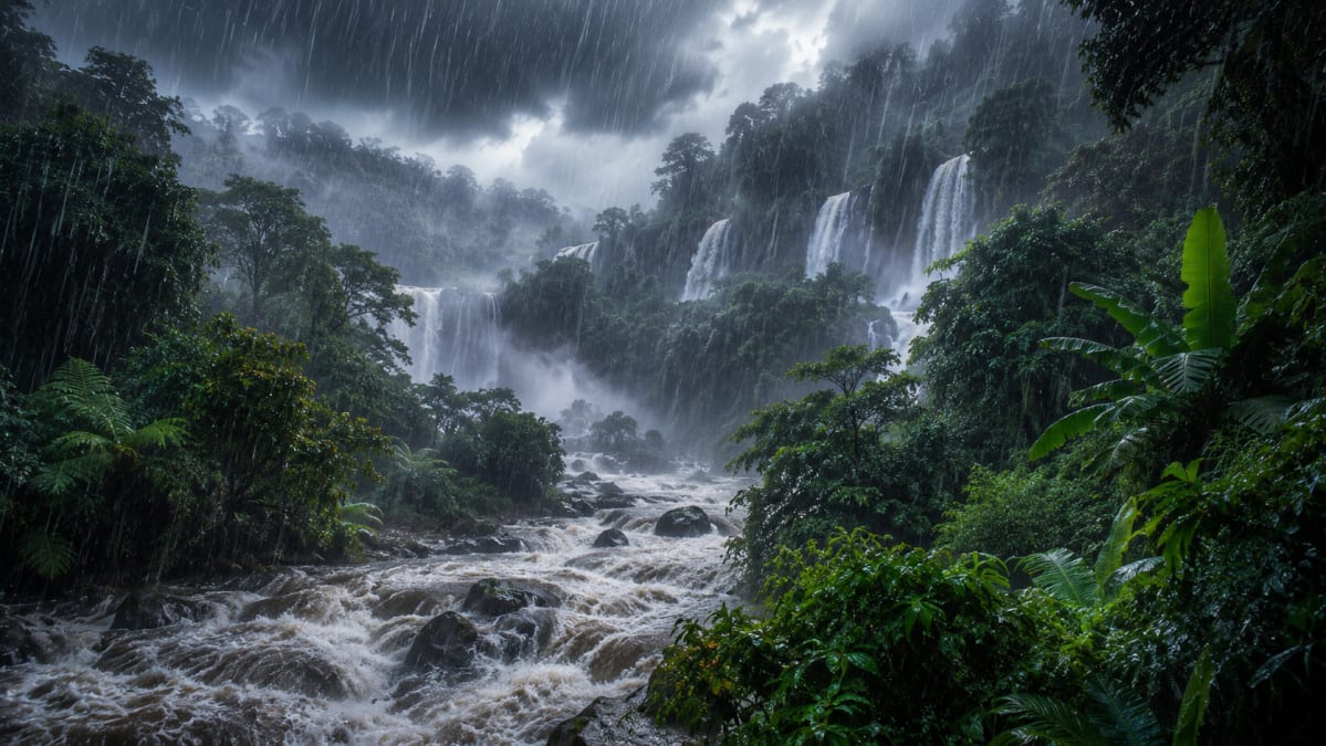 Tropical Waterfalls in Heavy Rain