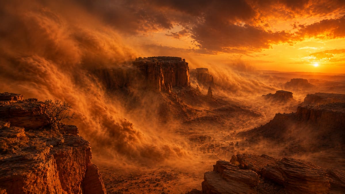 Desert Canyon in Golden Dust Storm