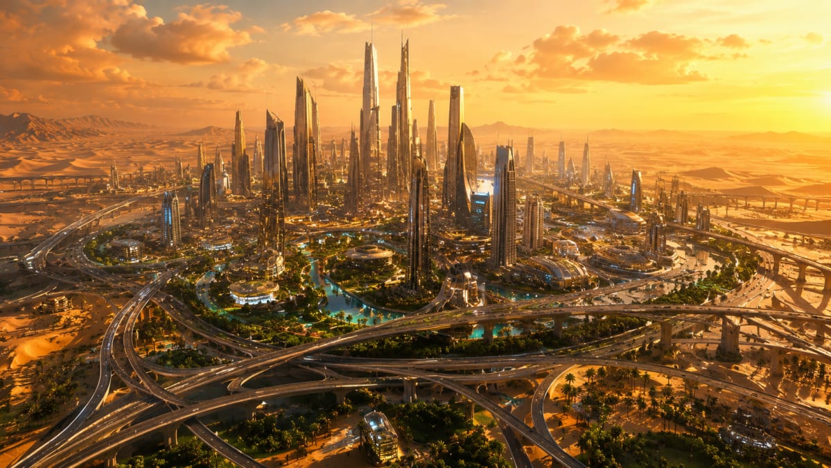 Golden Futuristic City at Sunset