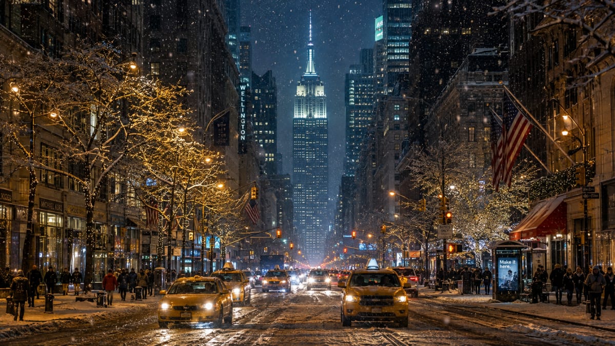 Snowy Fifth Avenue at Night