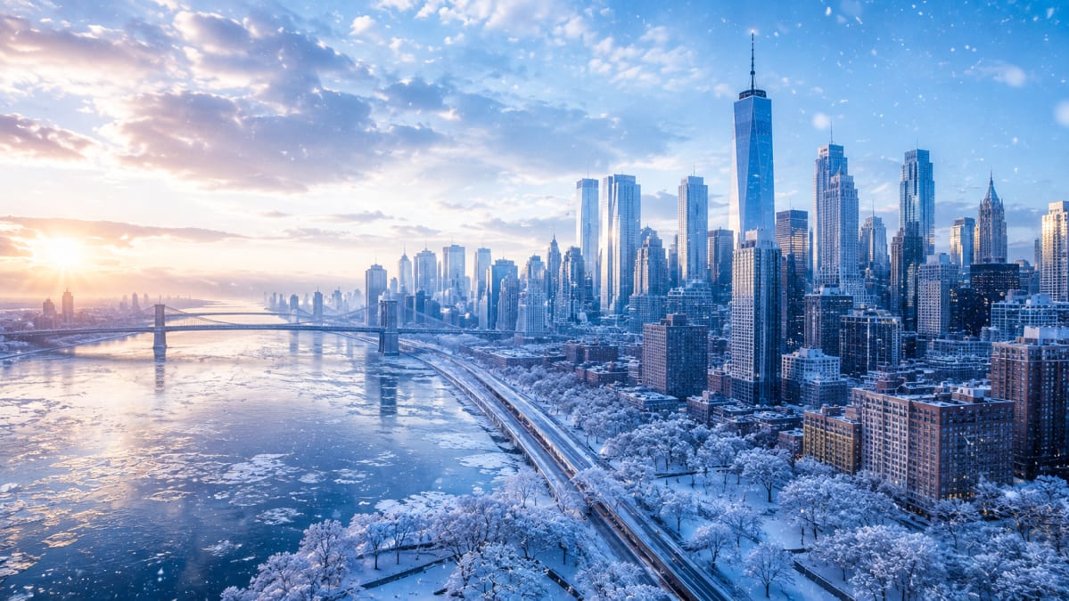 Snowy Manhattan Skyline and Bridges