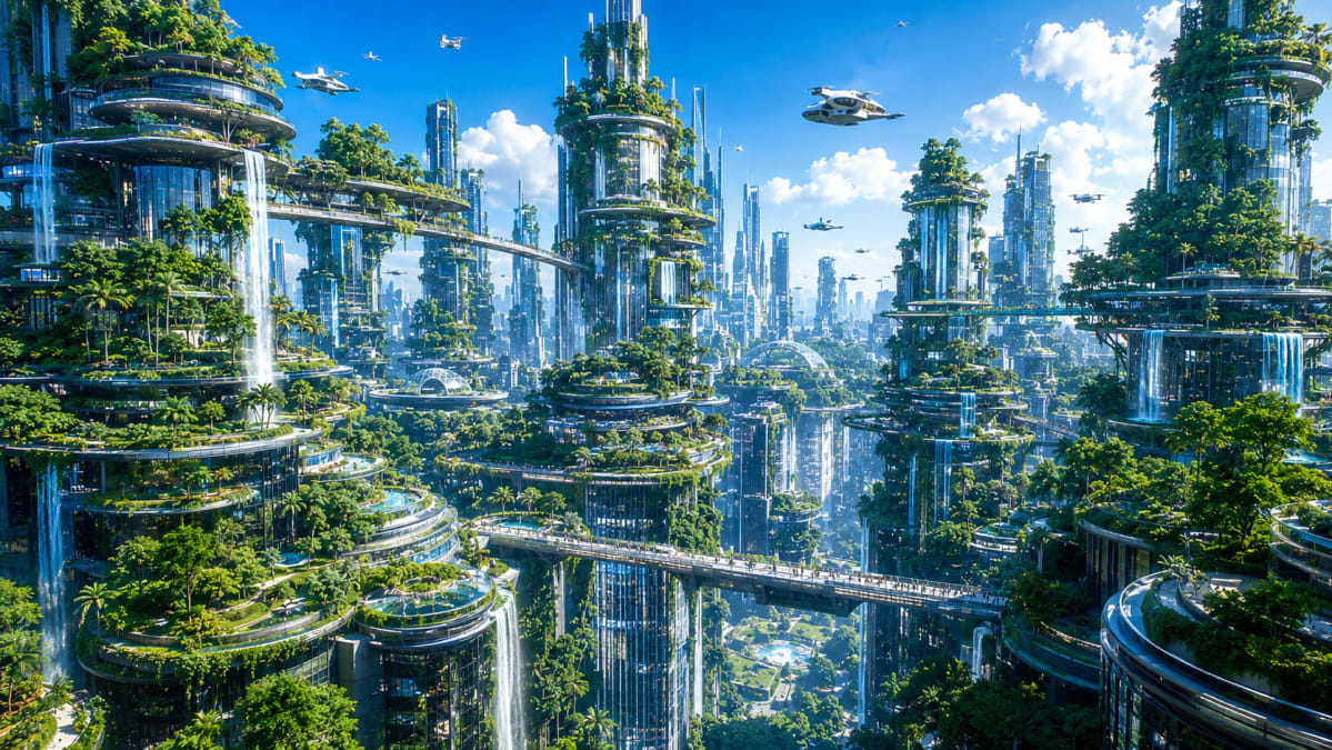 Green Futuristic City with Skyways