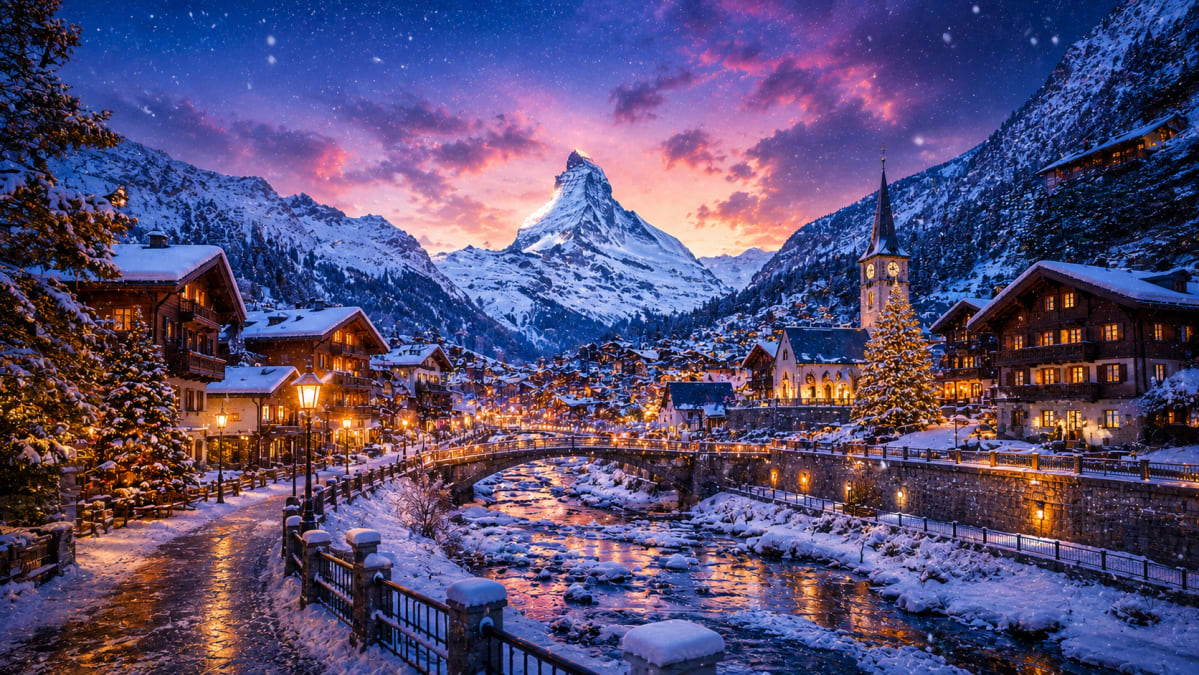 Snowy Alpine Village at Twilight