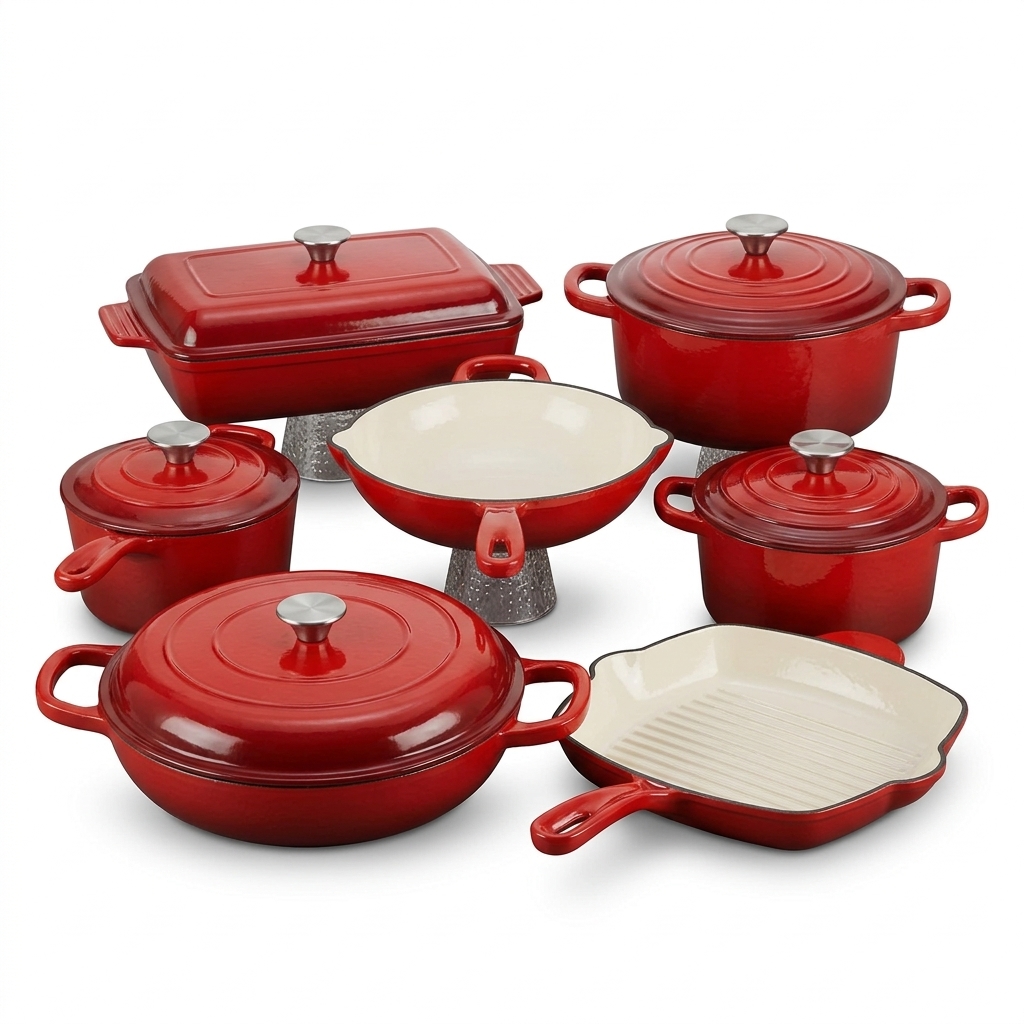  Luxury Red Enameled Cast Iron Cookware Combo (11 Pcs)