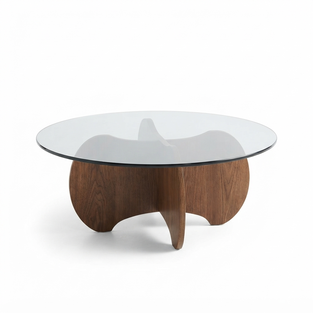 Mid-Century Modern Round Glass Side Table – Sculptural Walnut Base