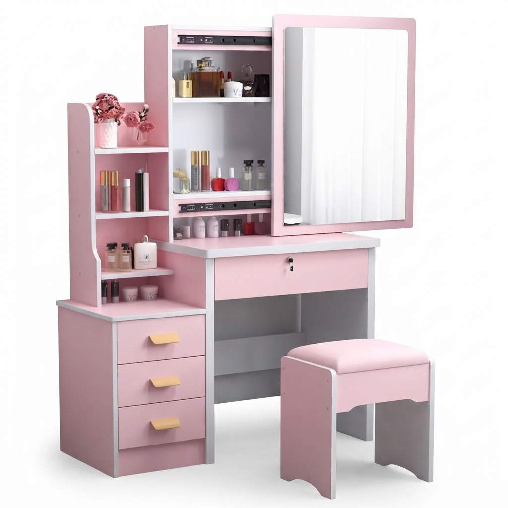 Modern Pink Makeup Vanity Set with Sliding Mirror, 4 Drawers, and Matching Stool