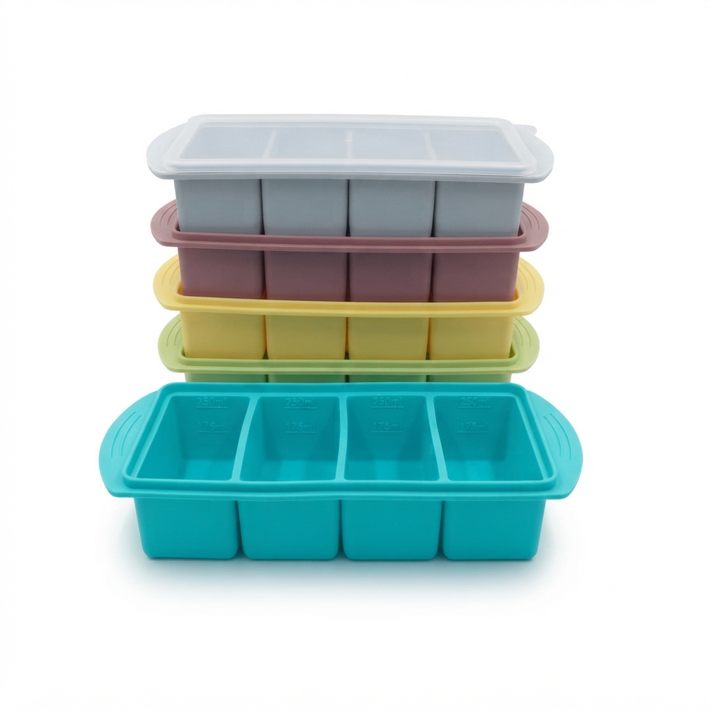 Premium 4-Compartment Silicone Freezer Storage Tray with Lid (1-Cup / 250ml Portions)