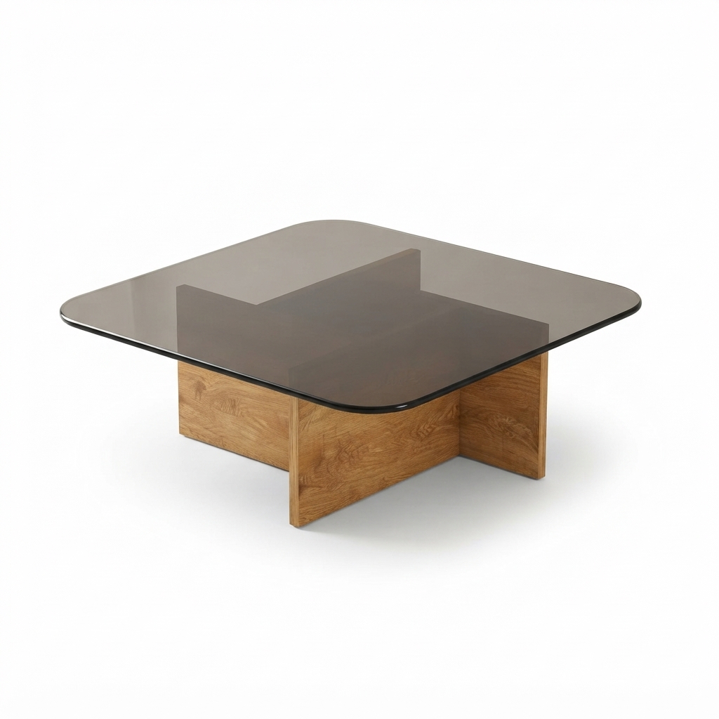 Modern Square Tempered Glass Coffee Table with Interlocking Wooden Base