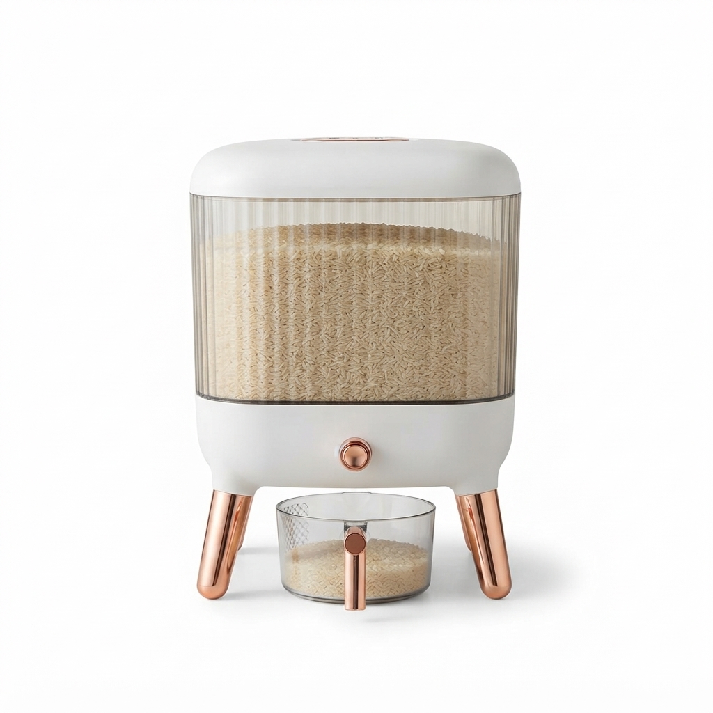 10KG Luxury Airtight Rice & Grain Dispenser – Modern Food Storage Container with Elevated Gold Legs & Measuring Cup (White/Gold)