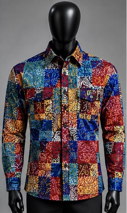 Men's Vintage 70s Retro Patchwork Long Sleeve Button-Down Casual Shirt