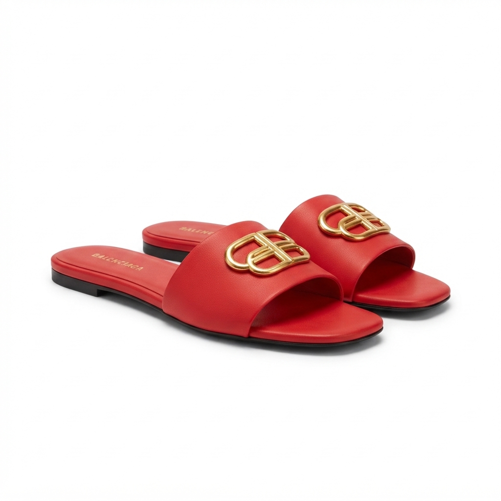 Balenciaga Oval BB Smooth Leather Flat Slide Sandals