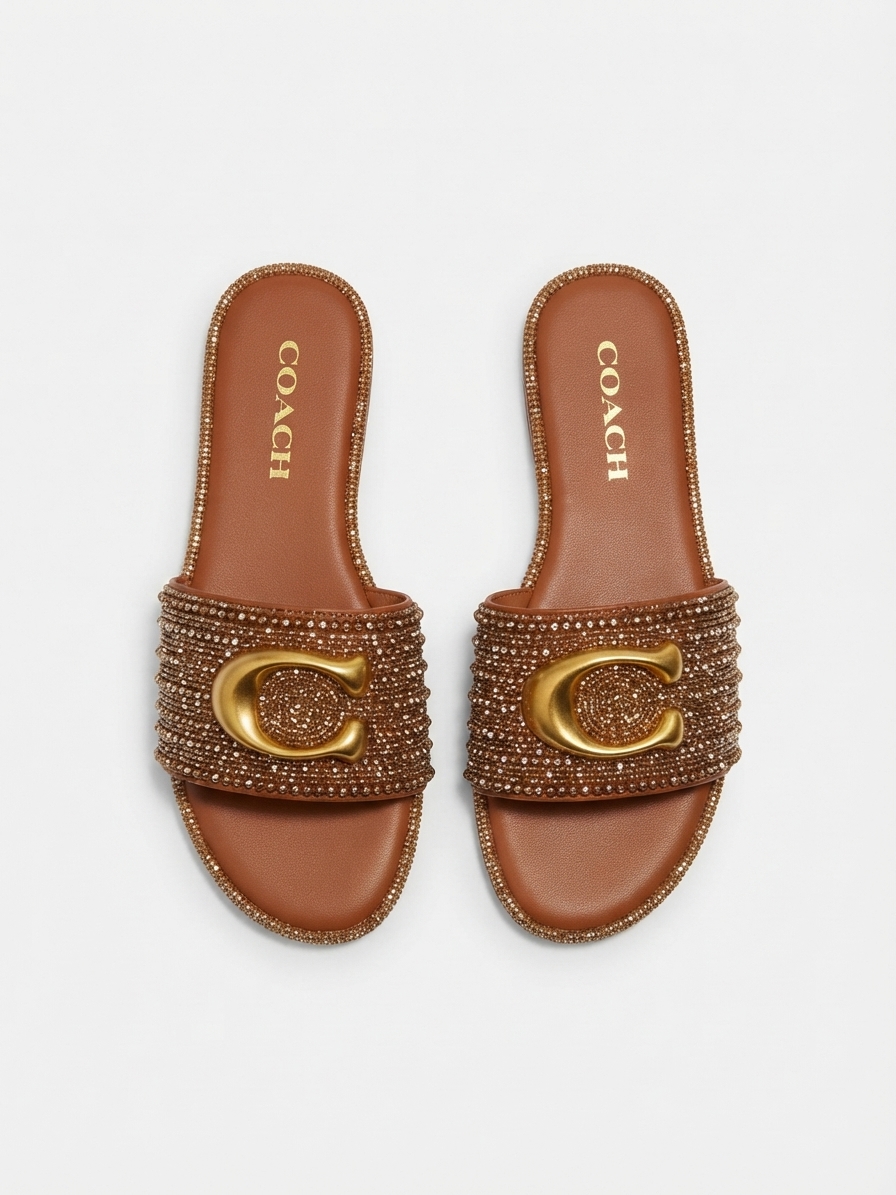 Coach Luxe Crystal-Embellished "C" Logo Slide Sandals