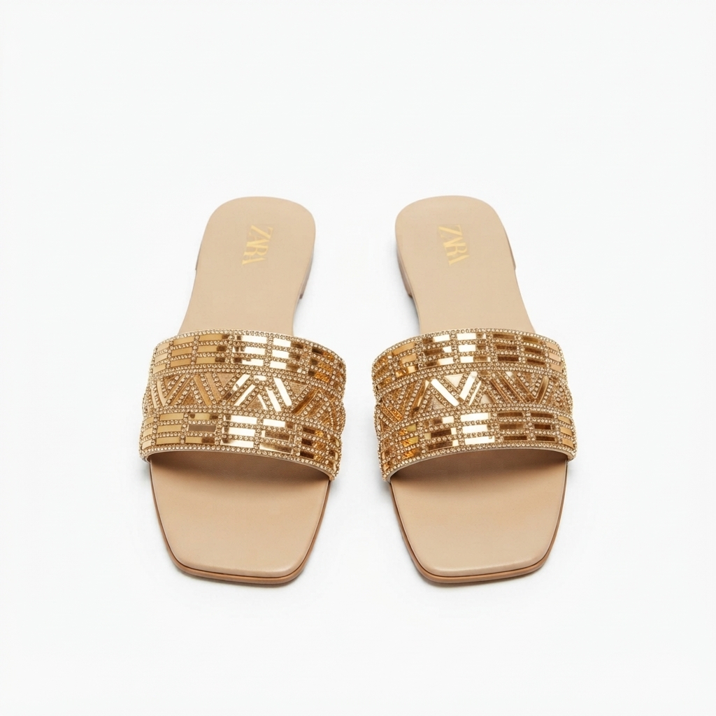 Zara Rhinestone Geometric Pattern Embellished Flat Slide Sandals