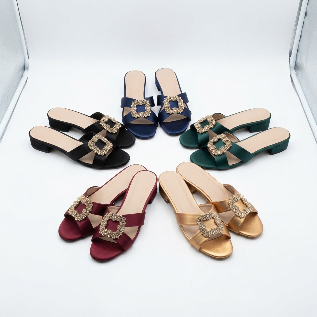 Elegant Satin Crystal-Buckle Low Block Heel Mules 