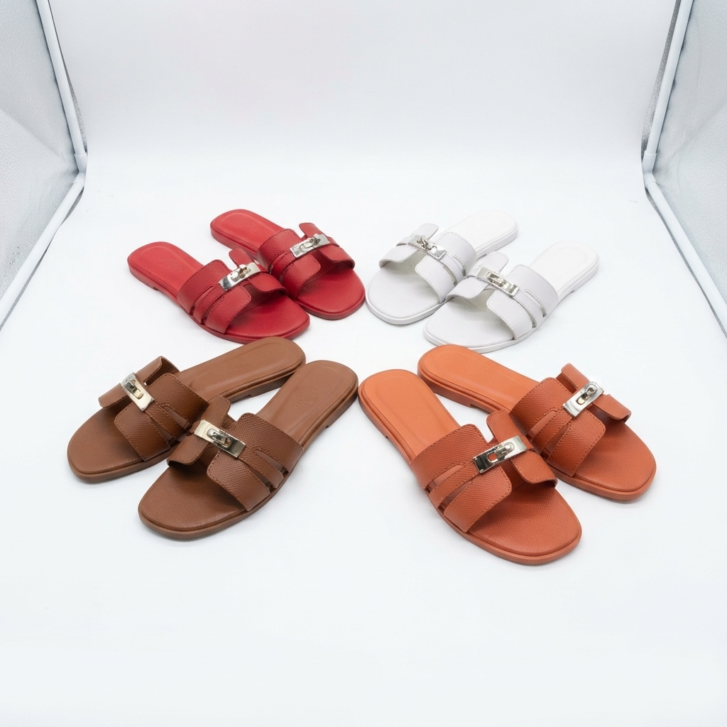 Elegant H-Cutout Flat Slide Sandals with Metallic Buckle Detail