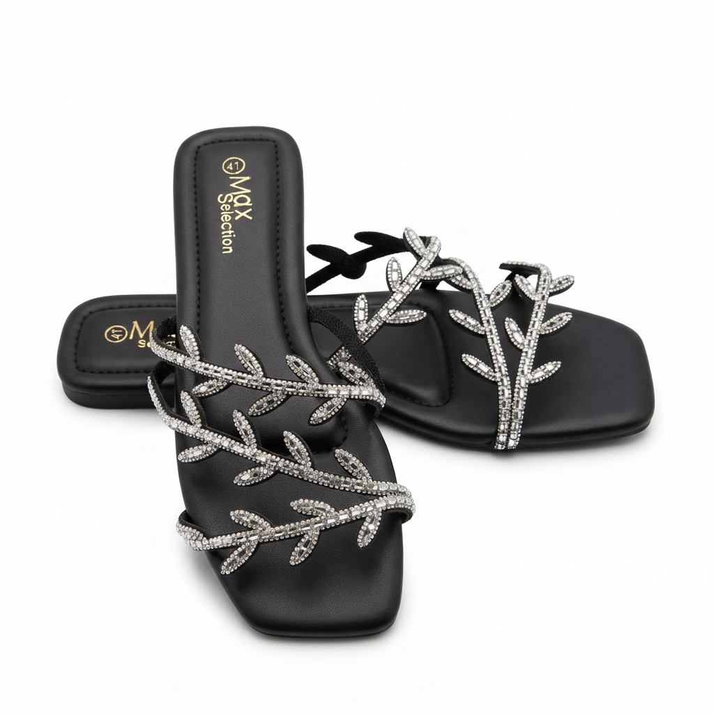Max Selection Crystal Leaf Embellished Flat Sandals
