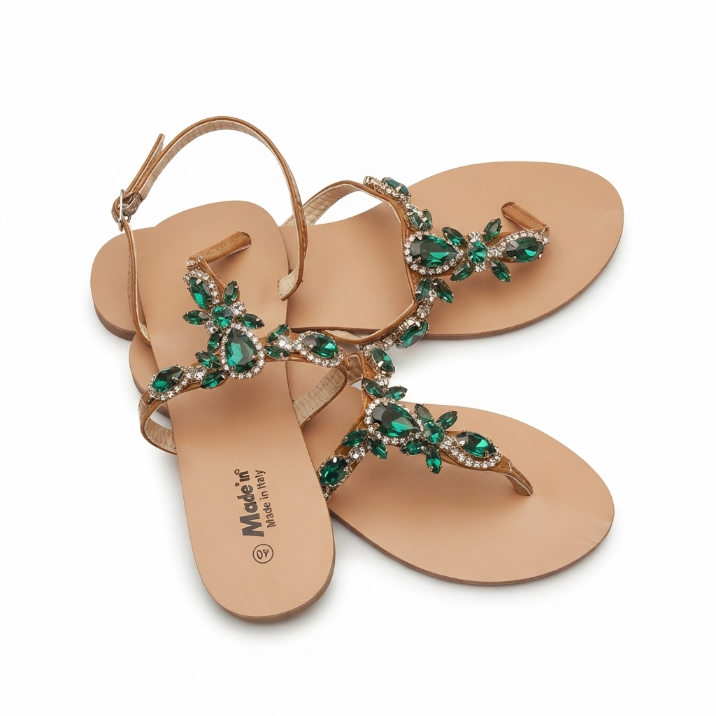 Bohemian Emerald Rhinestone Embellished Flat Sandals