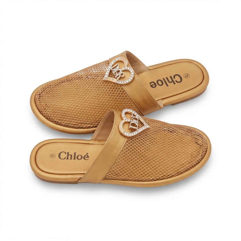 Women's Metallic Gold Mesh Slide Slippers with Rhinestone Heart Emblem