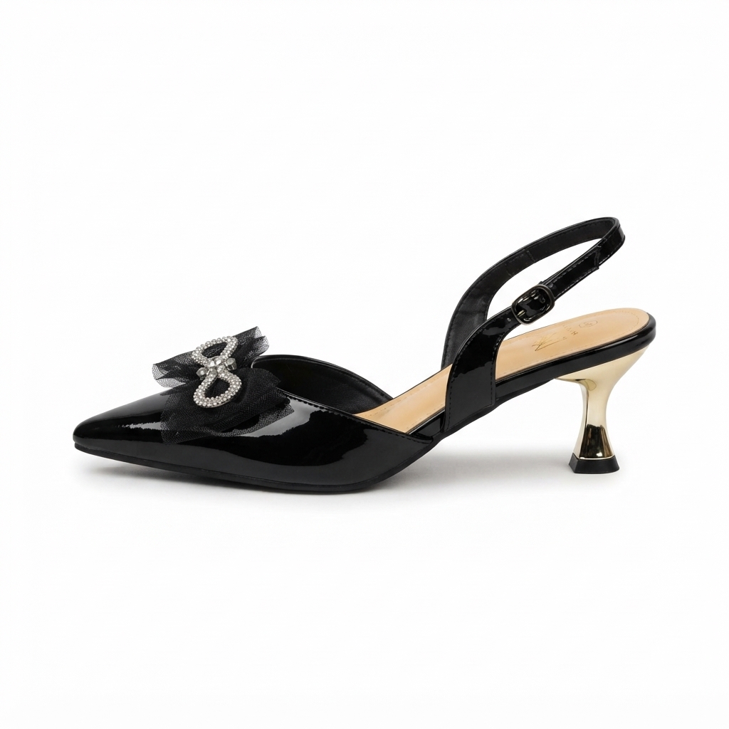 Elegant Black Patent Pointed-Toe Slingback Kitten Heels with Rhinestone Bow Accent