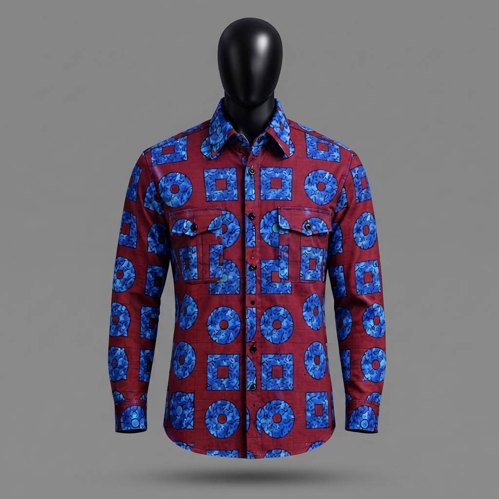 Men’s Premium African Ankara Print Long Sleeve Shirt – Crimson Red & Royal Blue Geometric