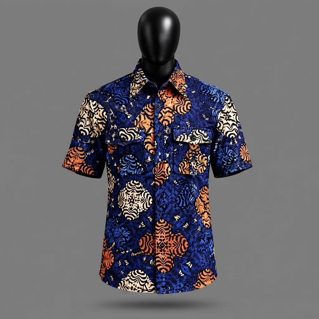 Men's Premium Ankara African Print Short Sleeve Shirt – Cobalt Blue & Marigold Orange