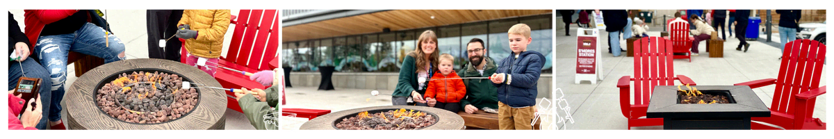 Photos of families roasting marshmellows with red chairs